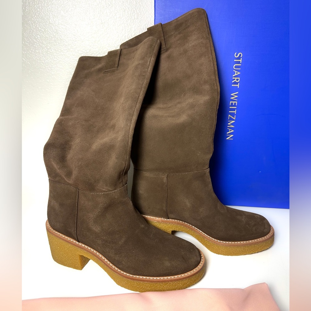 Stuart Weitzman Montana Slouch Suede Platform Boots in Walnut size 7.5 New